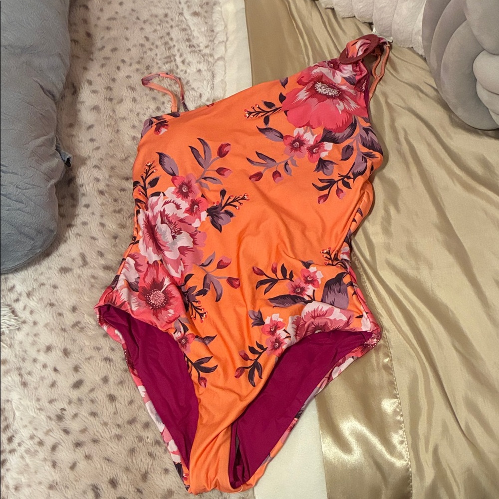 BECCA Orange Floral One-Shoulder Swimsuit